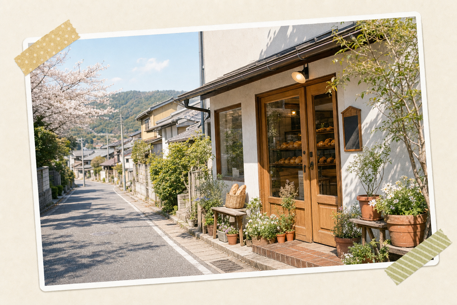 春のまちにあるパン屋の外観
